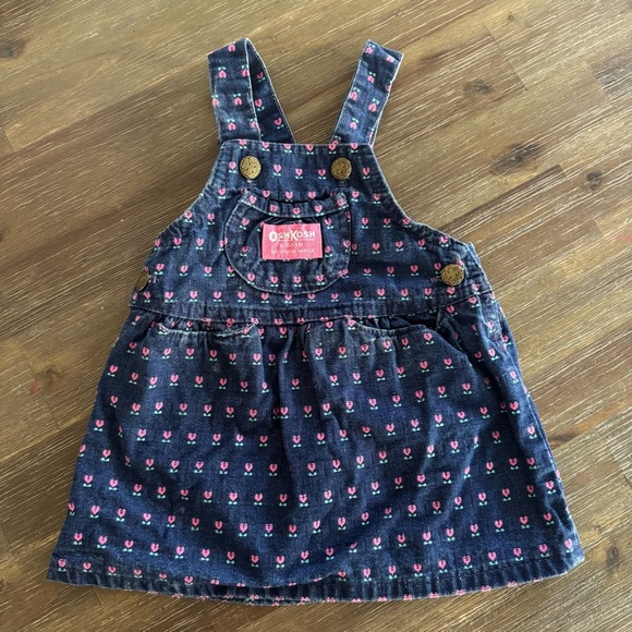 Vintage Oshkosh Denim Jean Floral Tulips Overall Dress Baby Girl Size 18M USA - Picture 1 of 7